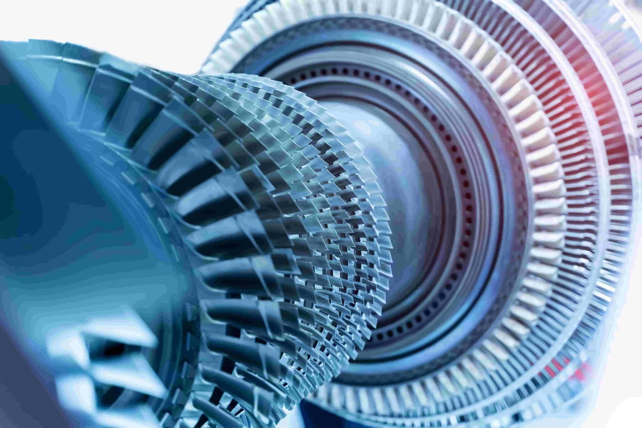 A close up image of jet engine components.